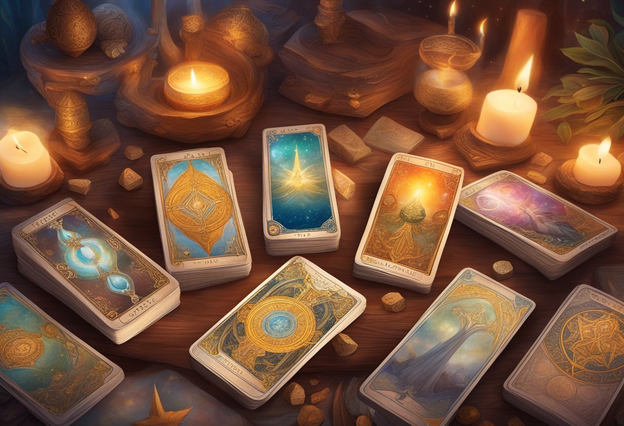 A table displaying ancient and modern tarot decks, with illustrations of oracle cards and tarot cards side by side