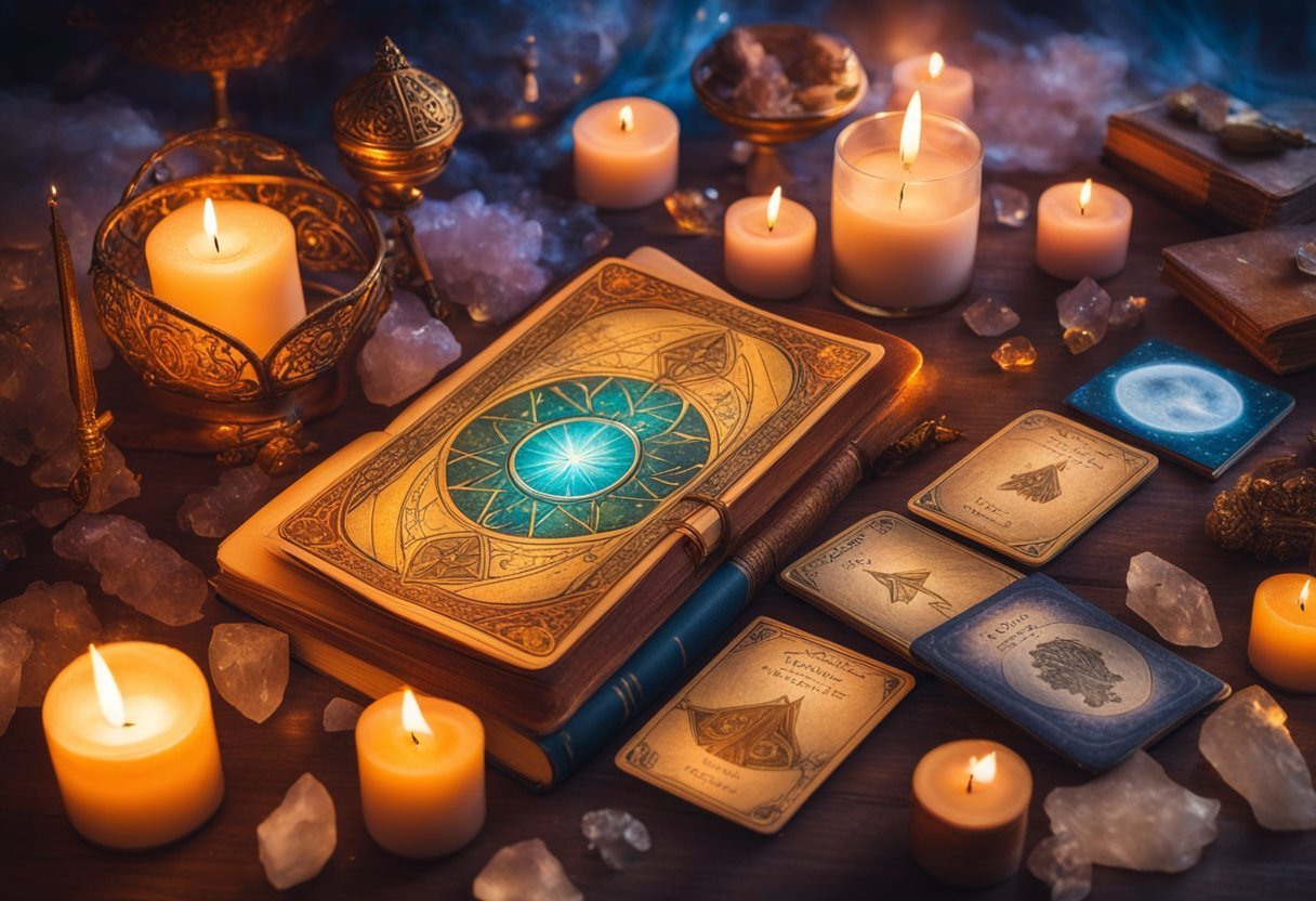 A table with various tarot and oracle cards spread out, surrounded by candles and crystals, with a book open to a page about the history of tarot decks