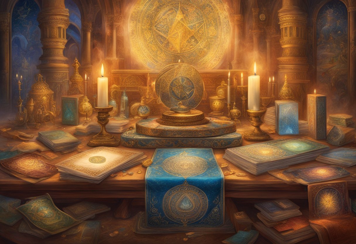 A table covered in various tarot and oracle decks, surrounded by ancient manuscripts and historical artwork