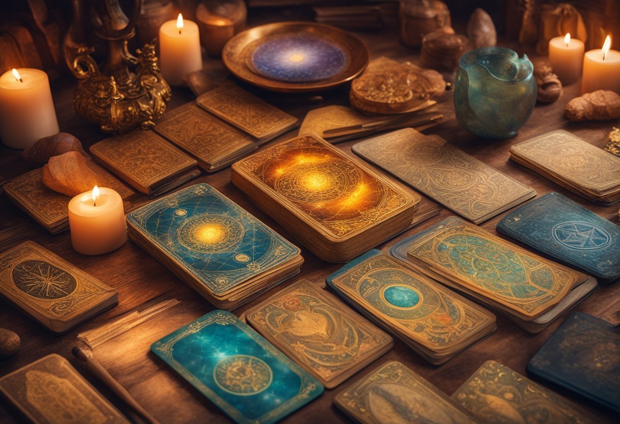 A table with various tarot decks and oracle cards spread out, surrounded by books on the history of tarot