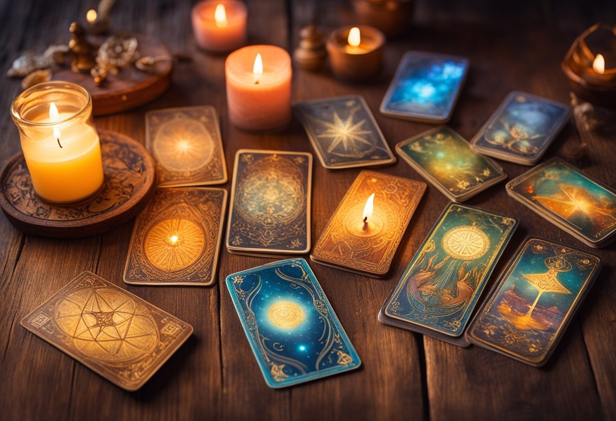 A collection of ancient tarot decks and oracle cards displayed on a weathered wooden table, surrounded by flickering candlelight and adorned with intricate symbols and patterns