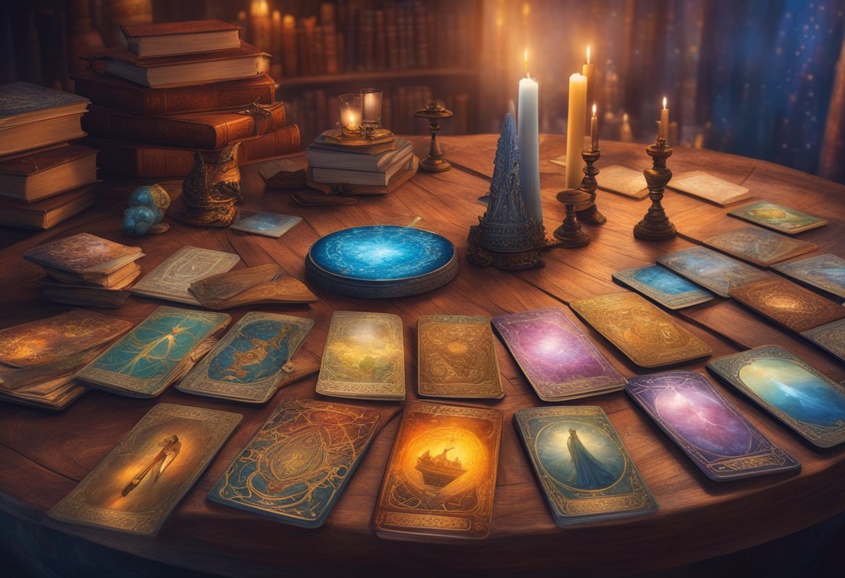 A modern table with a variety of tarot and oracle decks spread out, surrounded by books on the history and differences between the two types of cards