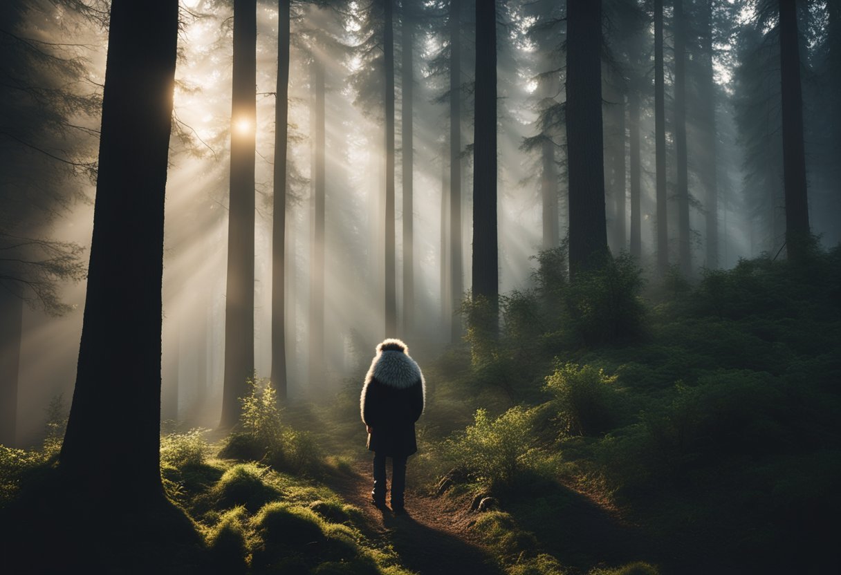 A dense forest at dusk, a towering figure with shaggy fur and glowing eyes emerges from the shadows, surrounded by mist and ancient trees