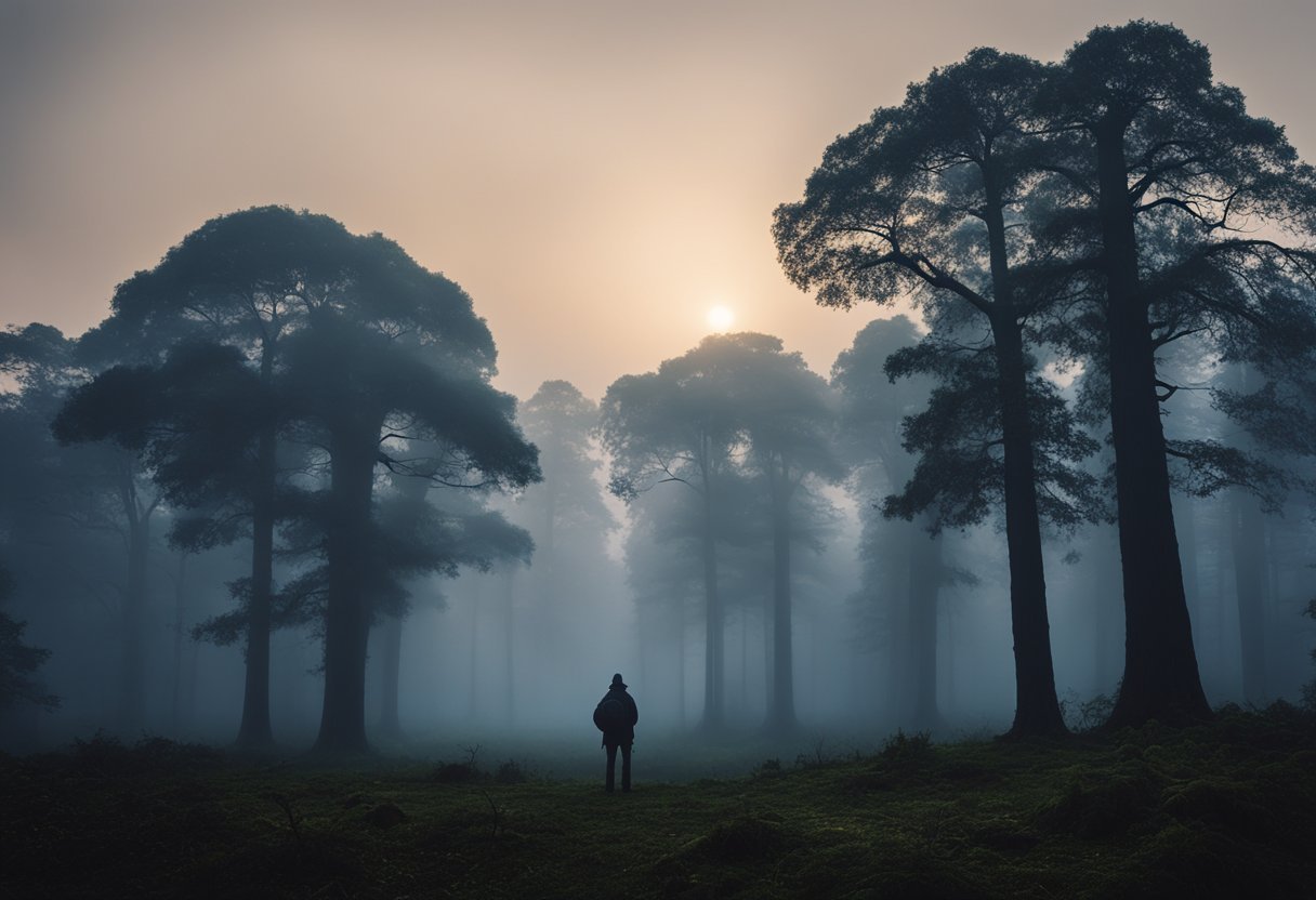 A dense forest at dusk, with a silhouette of a towering figure lurking in the shadows, surrounded by mist and ancient trees