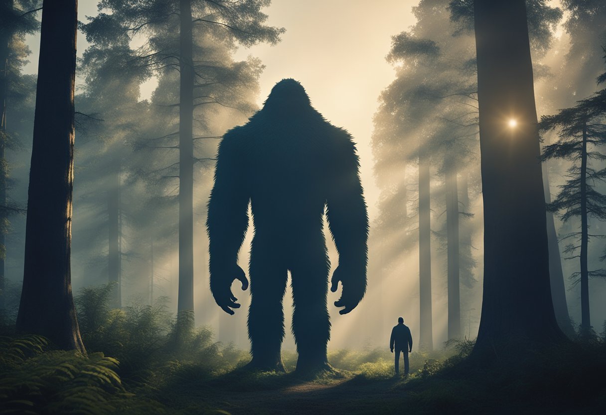 A dense forest clearing at dusk, with a towering figure resembling Bigfoot standing among the trees, surrounded by mysterious footprints and broken branches