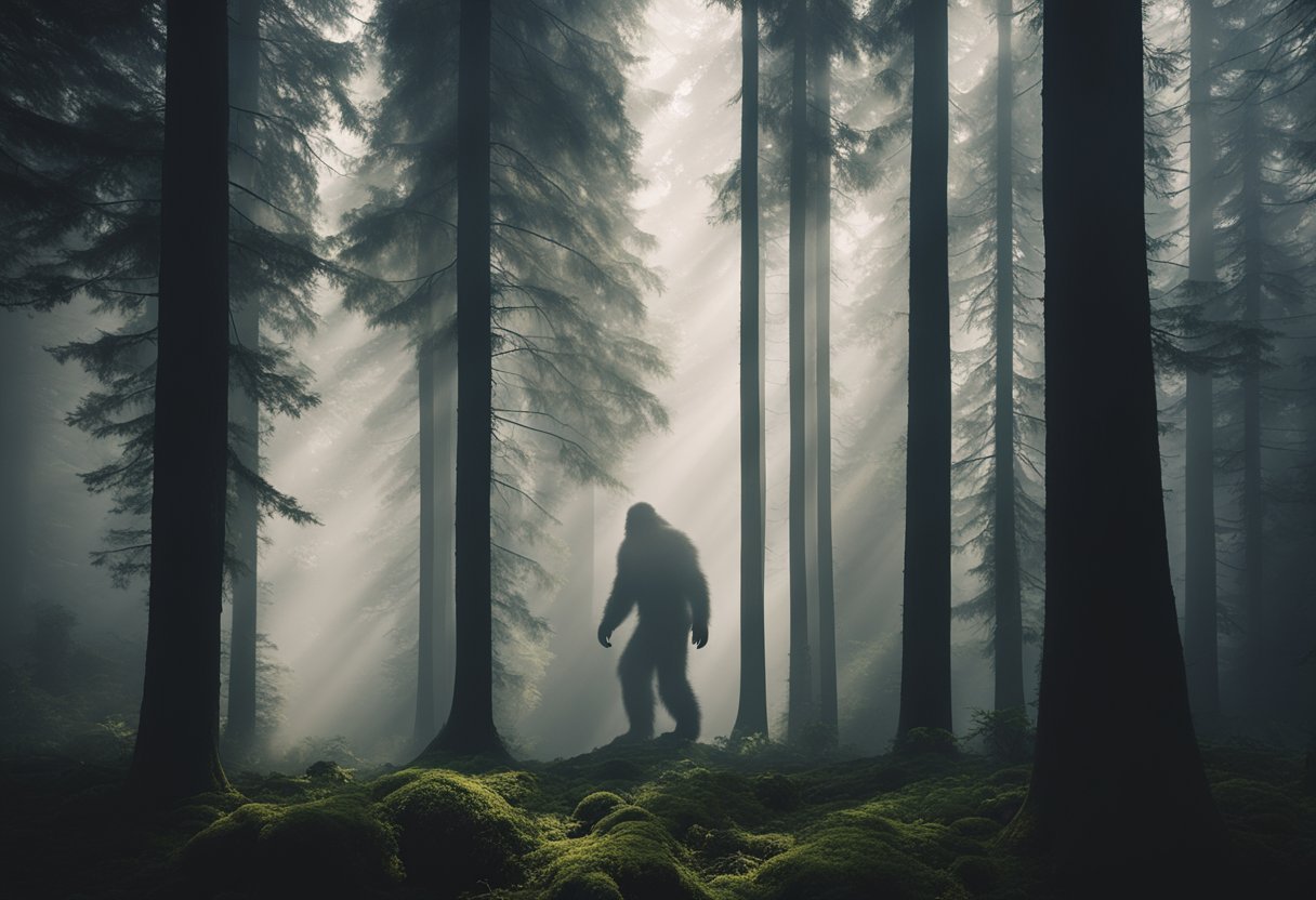 A dense forest with towering trees, a misty backdrop, and a shadowy figure lurking in the distance, resembling the legendary Bigfoot