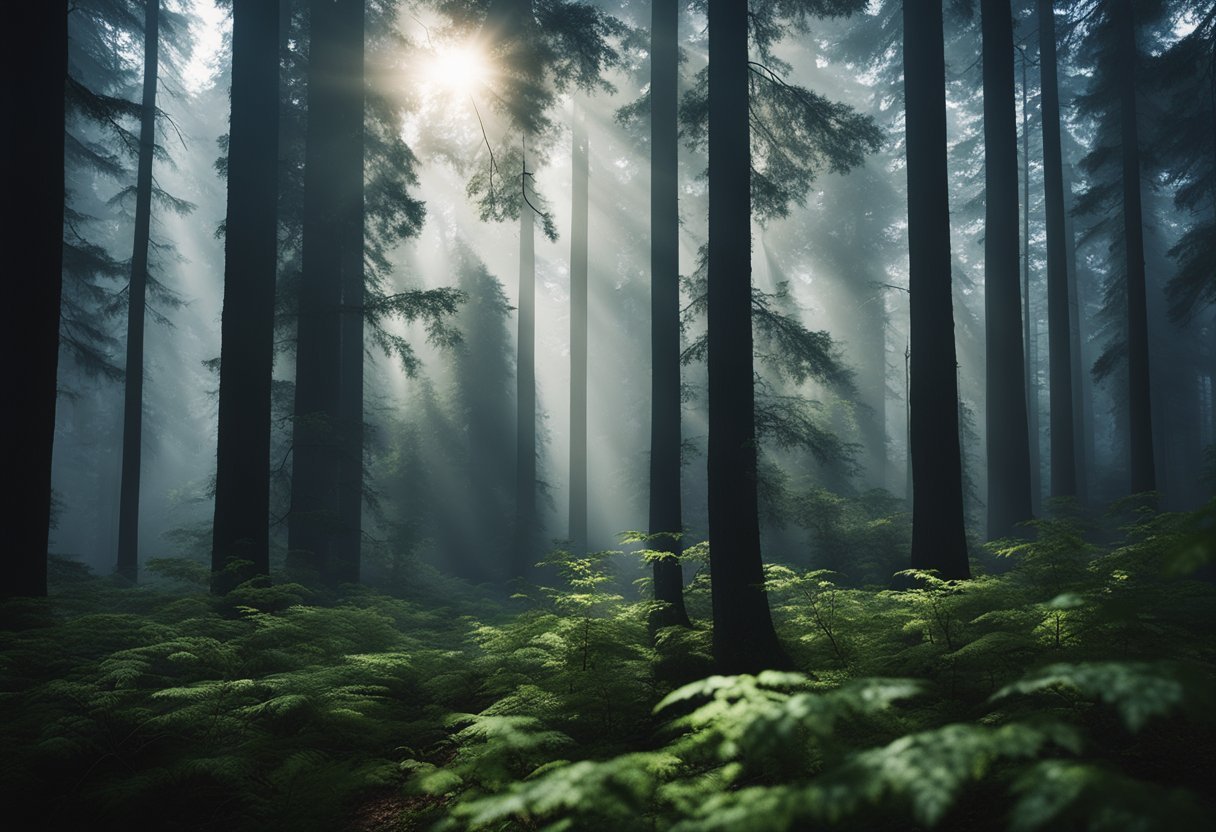 A dense forest with towering trees and misty undergrowth, where a shadowy figure resembling Bigfoot lurks among the foliage
