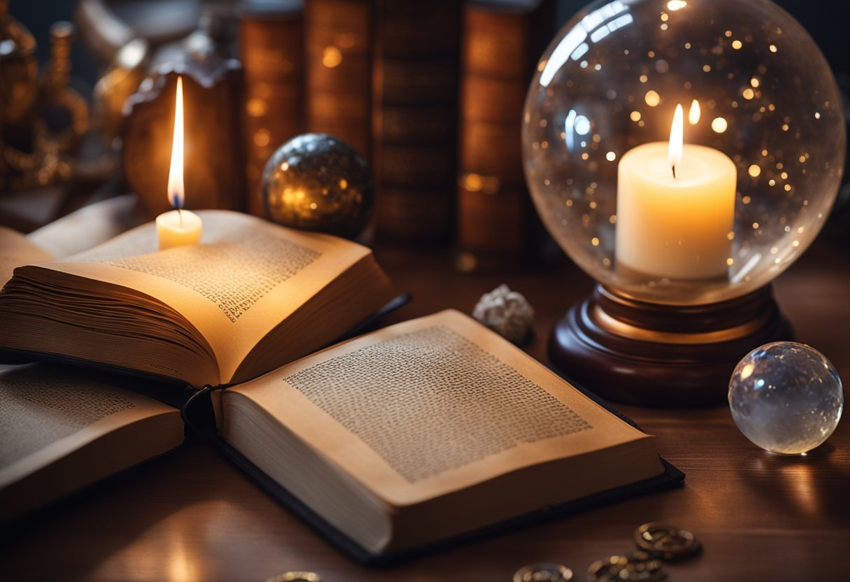 A dimly lit study with ancient tomes, a crystal ball, and flickering candles, surrounded by mystical symbols and artifacts