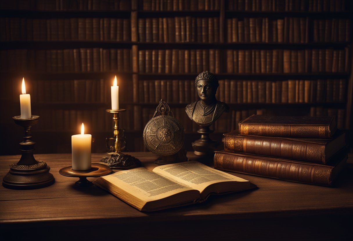 A dimly lit library with ancient tomes and mystical artifacts scattered on a worn oak table. A flickering candle casts eerie shadows as a figure delves into the secrets of occult philosophy