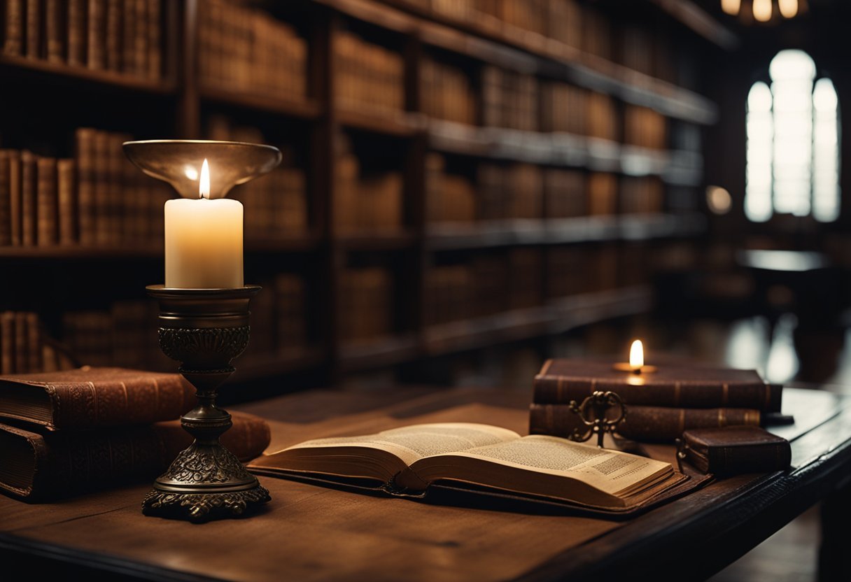 A dimly lit library with ancient tomes and mystical artifacts scattered on a wooden table. A single candle flickers, casting eerie shadows on the walls