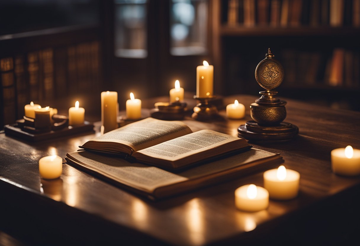 A dimly lit study with ancient tomes, flickering candles, and mystical symbols etched into the wooden floor
