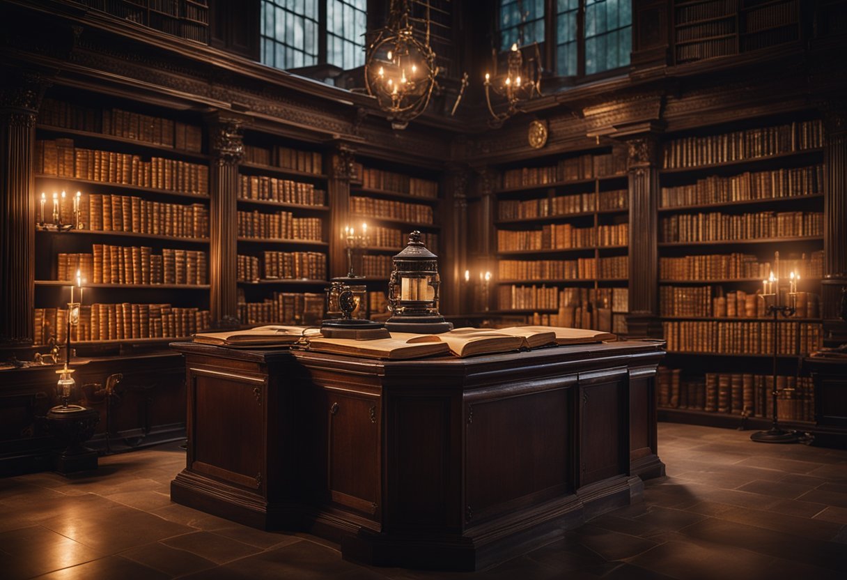 A mystical library filled with ancient tomes, alchemical equipment, and esoteric symbols. A dimly lit room with a sense of mystery and hidden knowledge