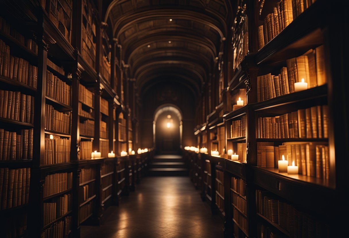 A dimly lit library with ancient tomes, mystical symbols, and flickering candles, evoking an atmosphere of mystery and wisdom