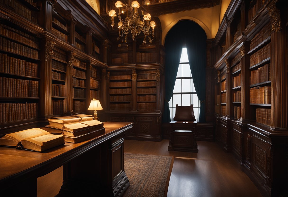 A dimly lit library with ancient tomes stacked on shelves, an ornate desk with quill and parchment, and a mysterious glow emanating from a book on a pedestal