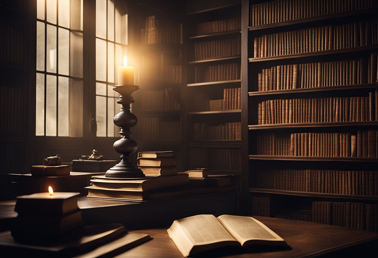 A dimly lit study with shelves of old books, a flickering candle, and a mysterious symbol etched into the wooden desk