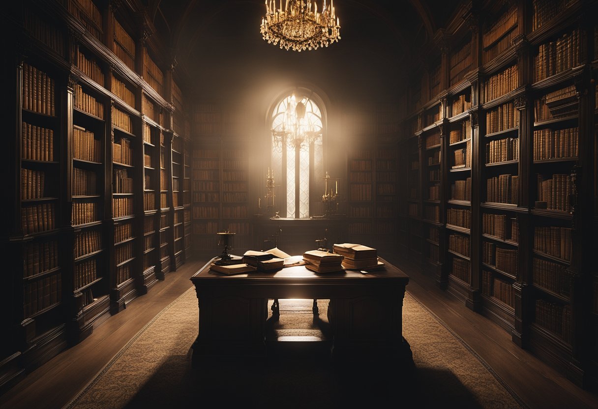 A dimly lit library with shelves filled with old books on occult philosophy. A table with scattered papers and a quill pen. A faint glow from a crystal ball in the corner