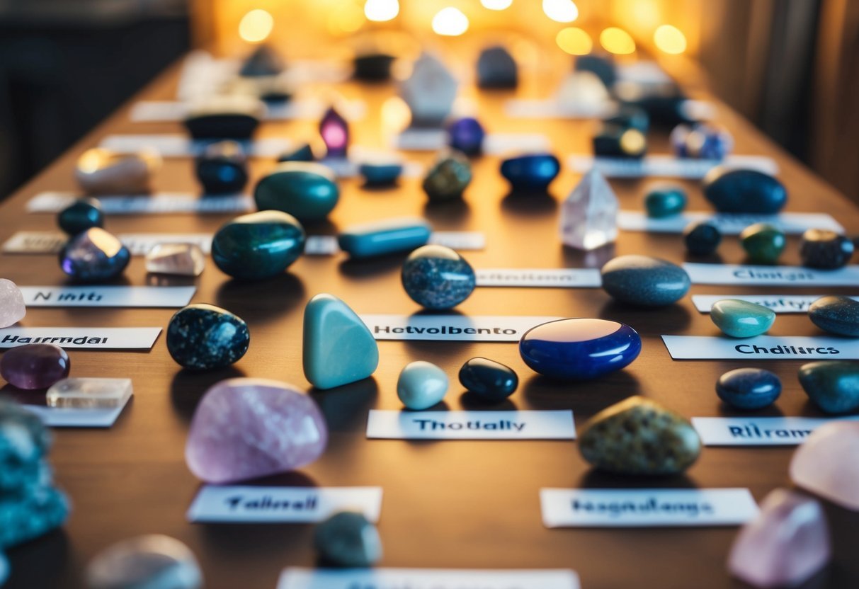 A table covered in various healing crystals, each labeled with its name and properties. A soft glow emanates from the stones, creating a serene and peaceful atmosphere