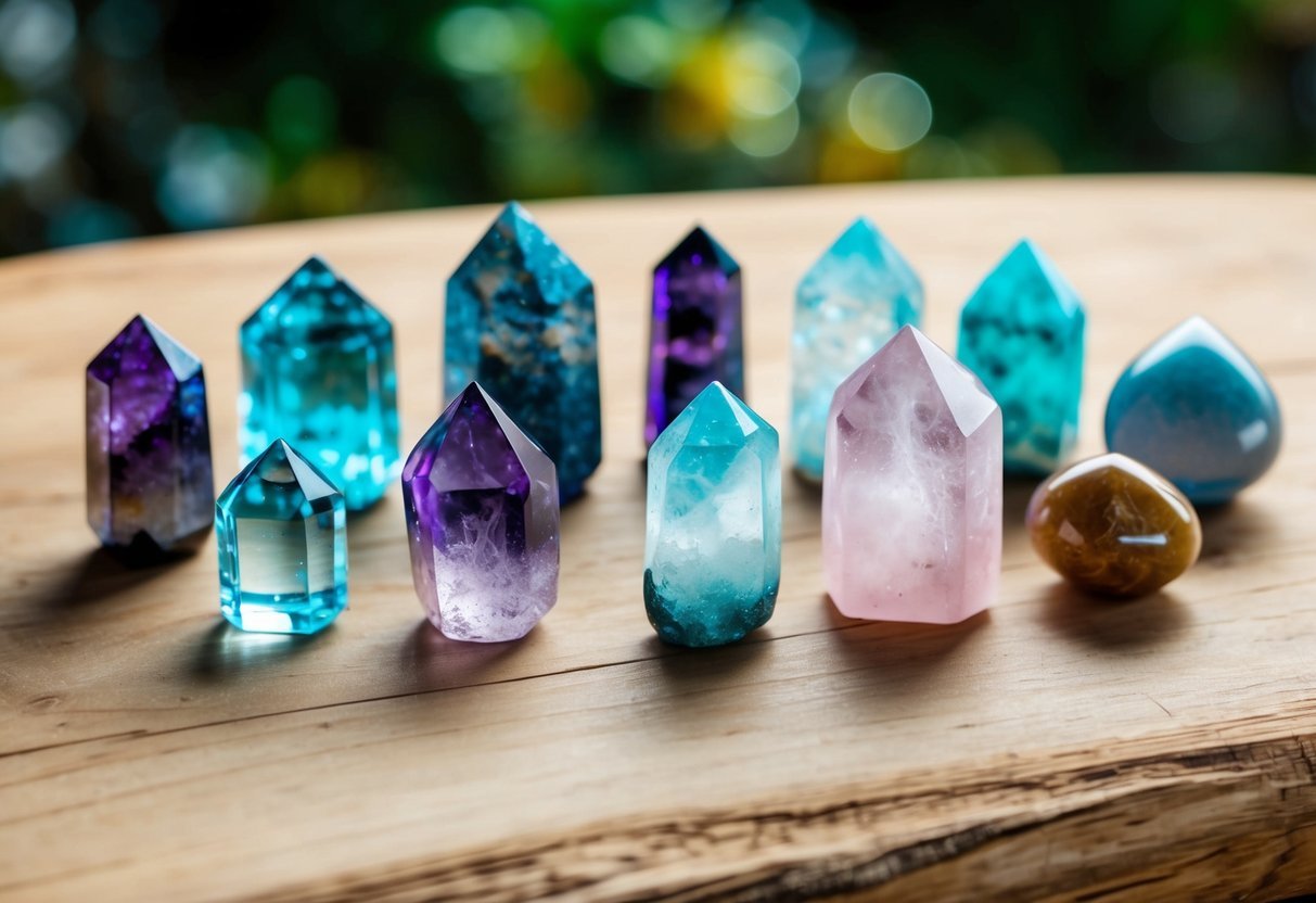 A collection of 10 different healing crystals arranged on a natural wooden surface, each crystal emitting a soft, ethereal glow