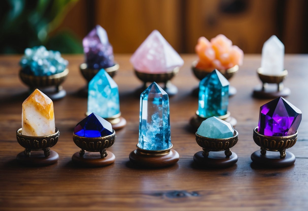 A collection of 10 vibrant healing crystals arranged on a wooden table, each paired with its corresponding crystal to showcase their unique healing properties