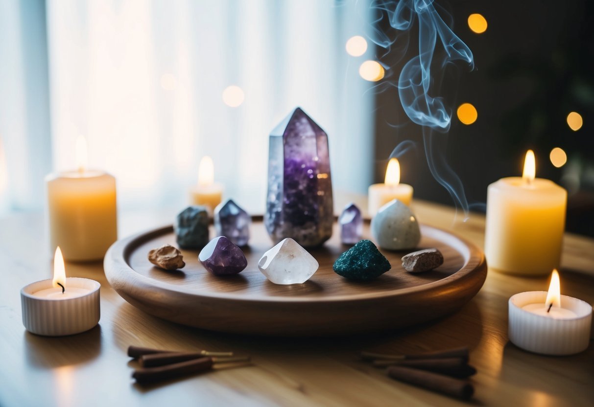 A serene meditation space with various crystals placed on a wooden table, surrounded by incense and candles. The room is filled with soft natural light, creating a peaceful and calming atmosphere