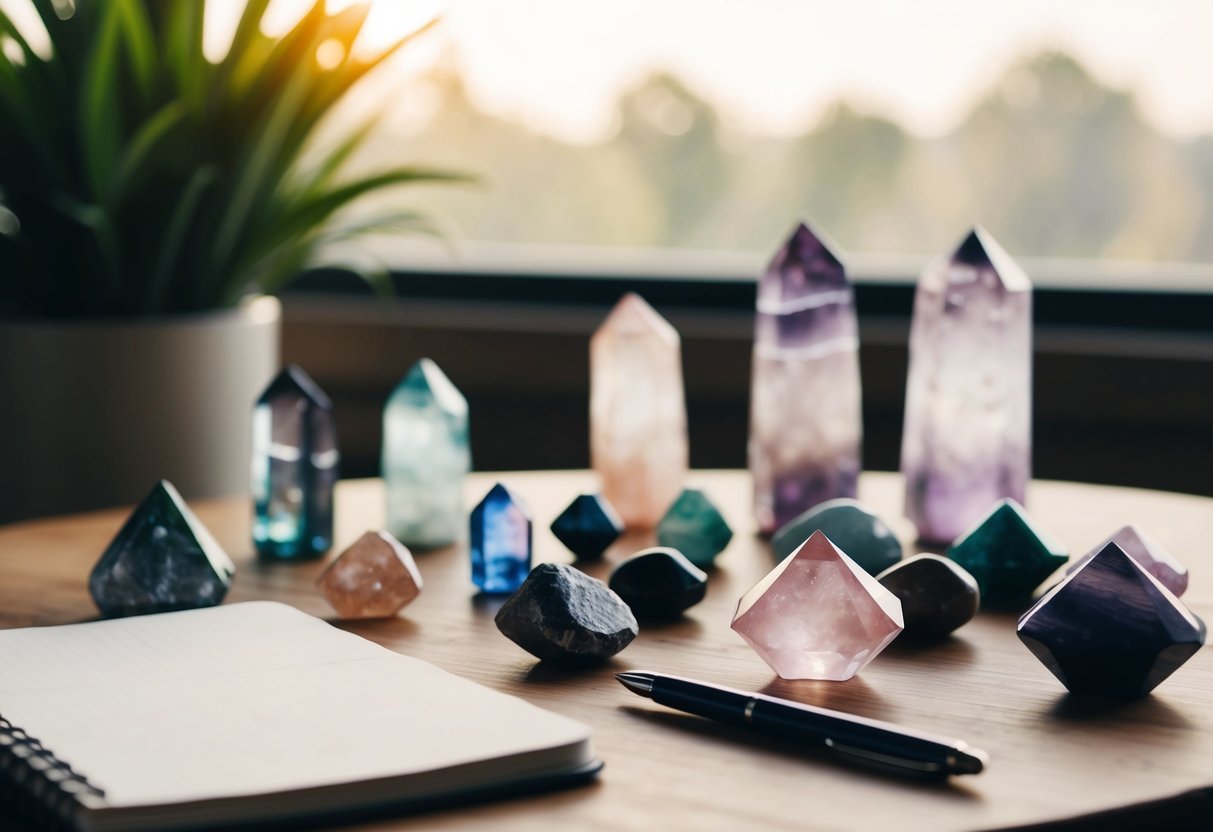 A collection of various crystals arranged on a wooden table, accompanied by a notebook and pen for writing. A soft, natural light illuminates the scene, creating a calming and serene atmosphere