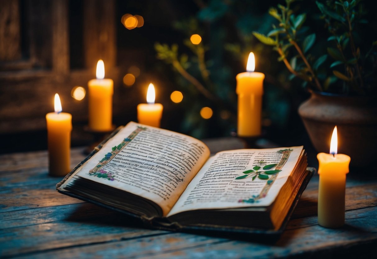 A mysterious, ancient manuscript lies open on a weathered wooden table, surrounded by flickering candlelight and botanical illustrations