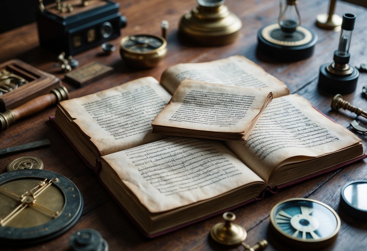 A weathered, mysterious manuscript lies open on a wooden table, surrounded by ancient artifacts and scientific instruments