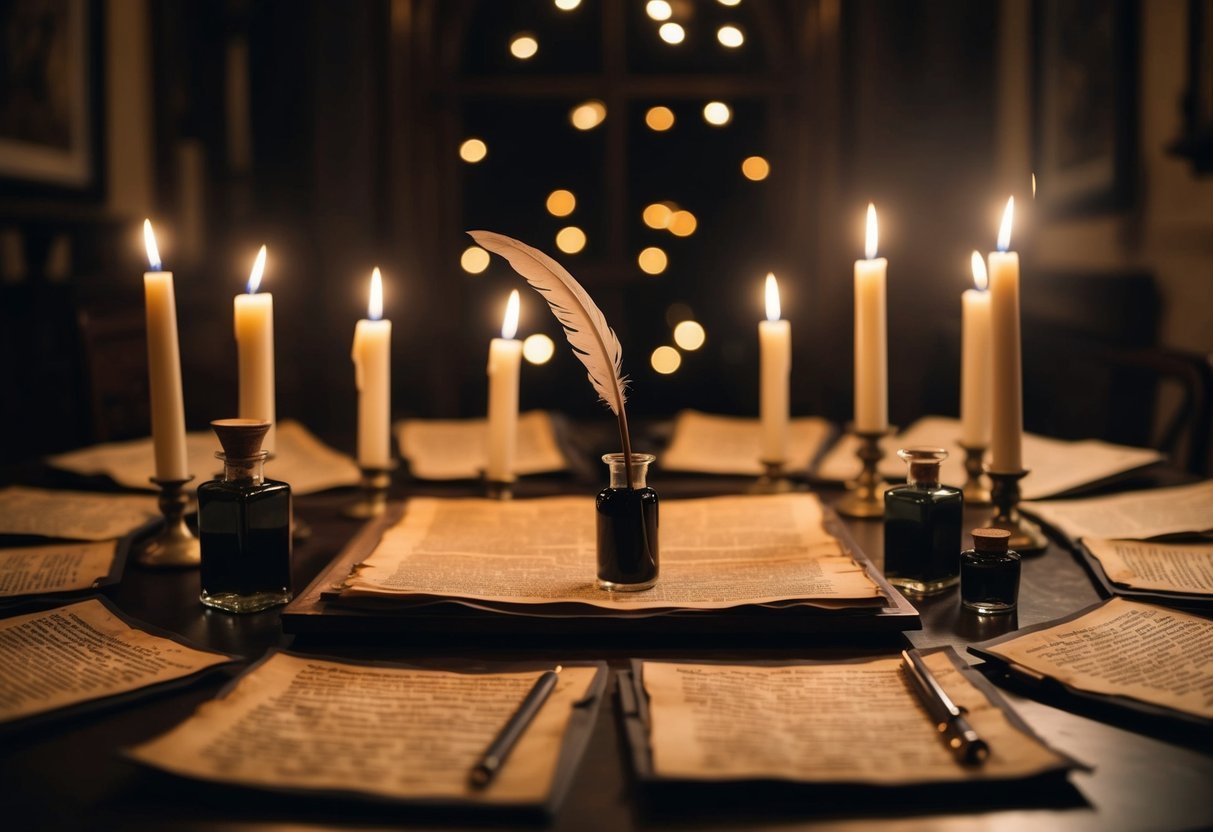 A table covered in ancient parchment, ink bottles, and quill pens, surrounded by flickering candlelight in a dimly lit room