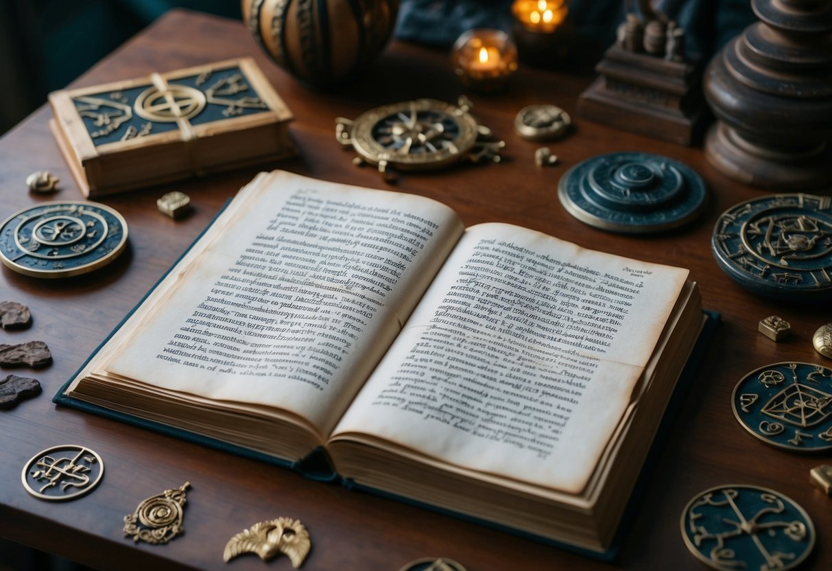 A mysterious manuscript lies open on a wooden table, surrounded by ancient artifacts and strange symbols. A sense of intrigue and mystery fills the air