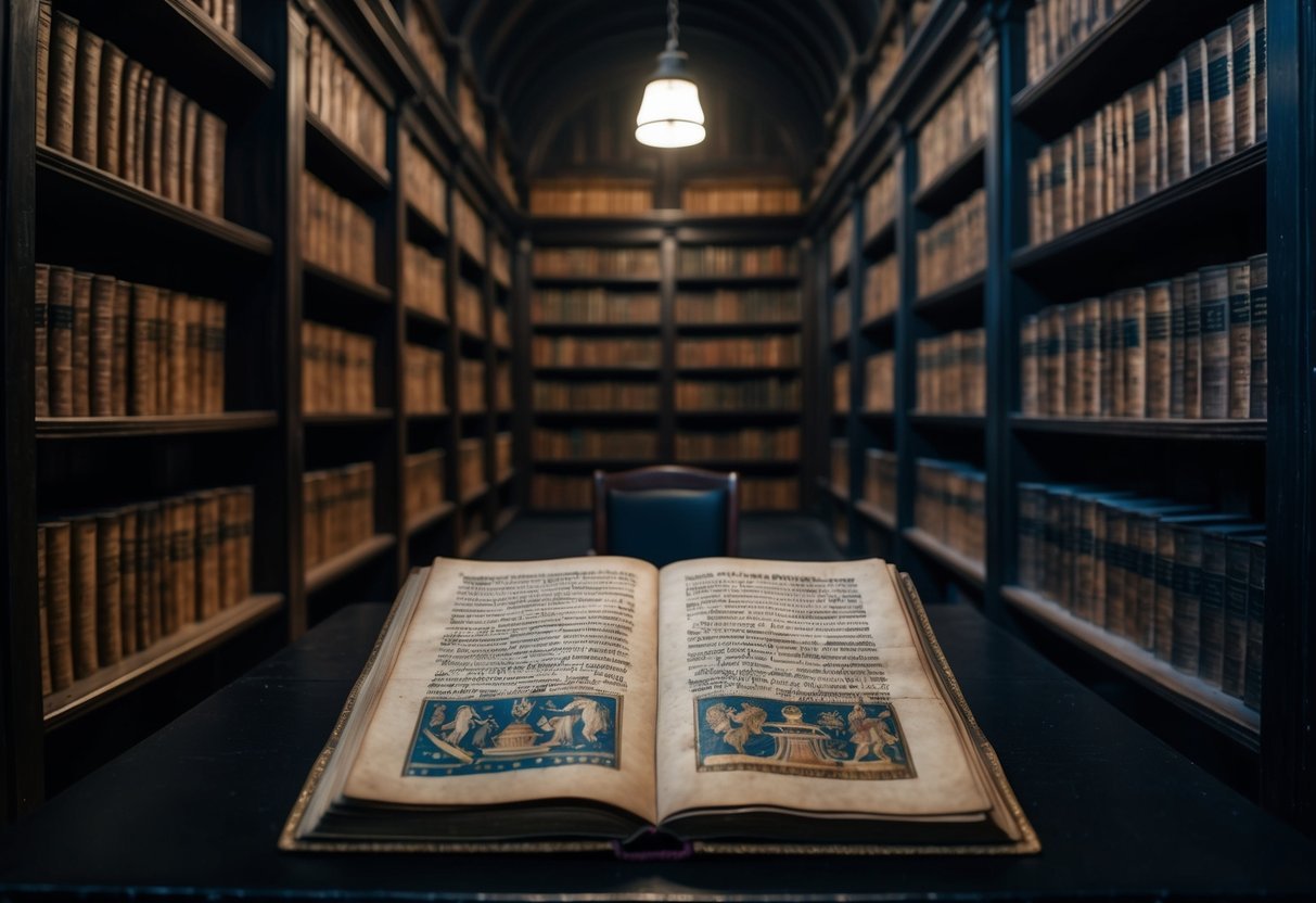 A dimly lit, ancient library with shelves of dusty tomes. A mysterious manuscript lies open on a table, its intricate illustrations and indecipherable text hinting at centuries-old secrets