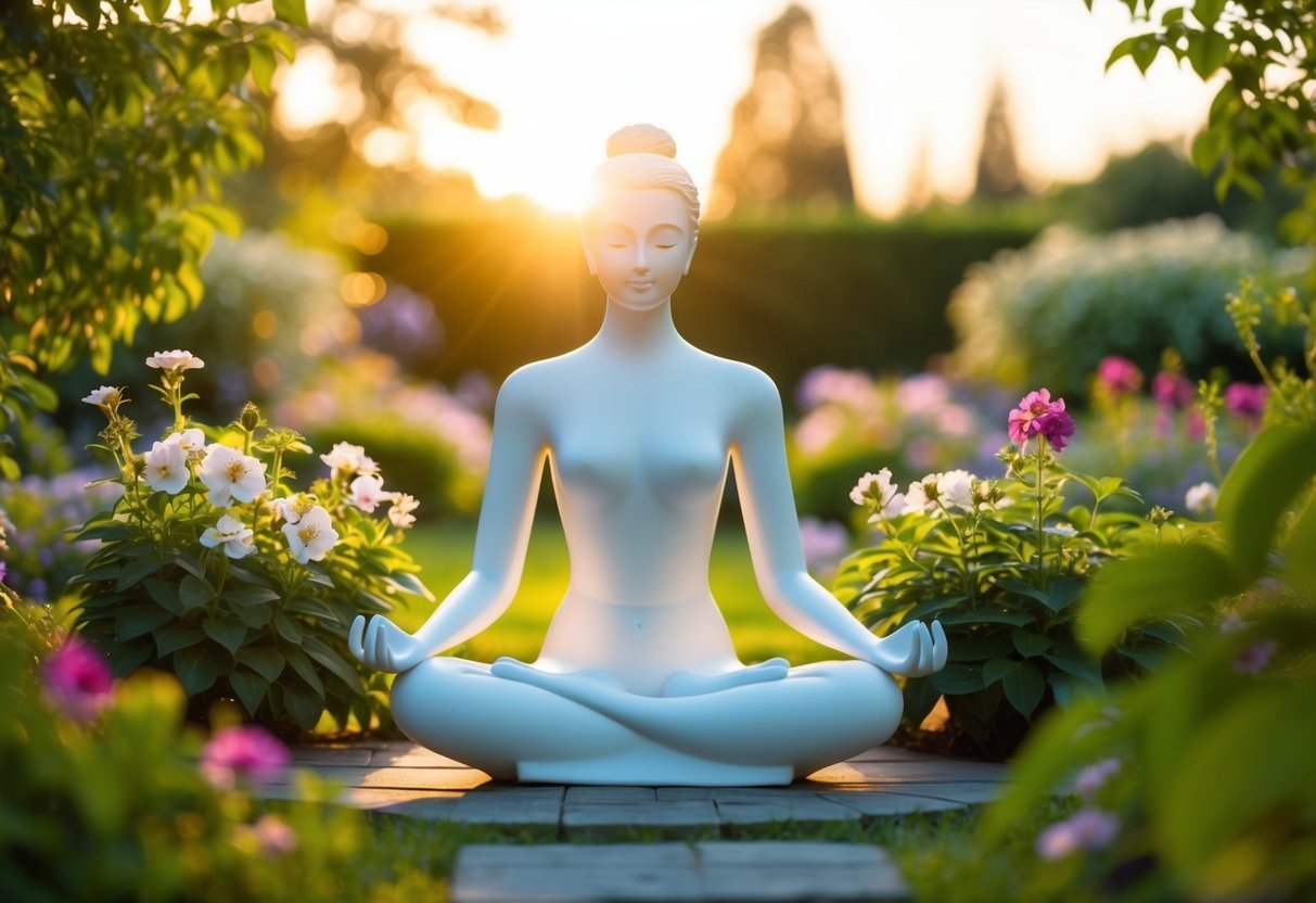 A serene figure meditates in a tranquil garden, surrounded by blooming flowers and lush greenery, under the warm glow of the sun
