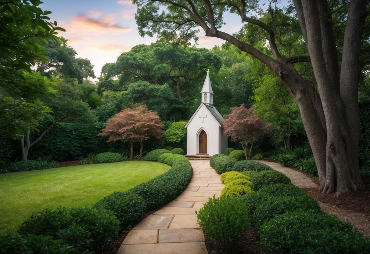 A tranquil garden with a secluded pathway leading to a small chapel nestled among ancient trees and surrounded by a peaceful atmosphere