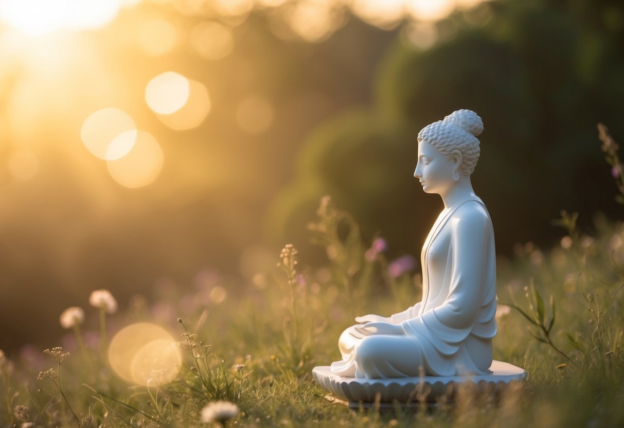 A serene figure sits in quiet contemplation, surrounded by nature and bathed in soft, golden light. The atmosphere is peaceful and tranquil, inviting a sense of inner reflection and spiritual connection