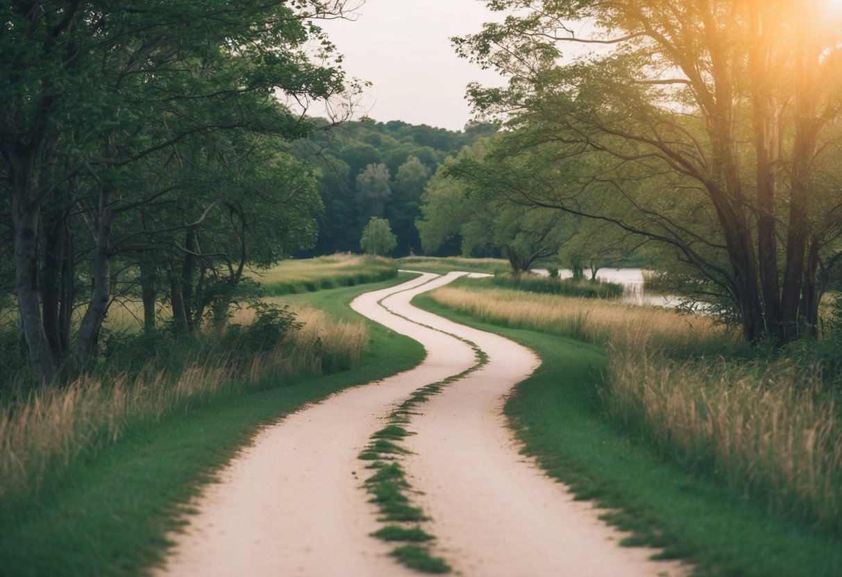 A serene landscape with a winding path leading to a tranquil setting, surrounded by nature and a sense of peacefulness
