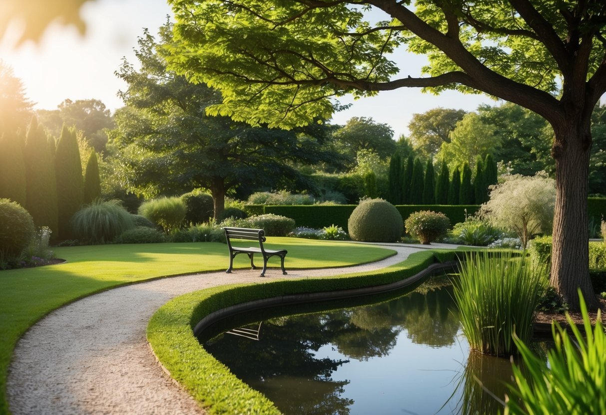 A serene garden with a winding path, a solitary bench under a tree, and a peaceful pond reflecting the surrounding nature