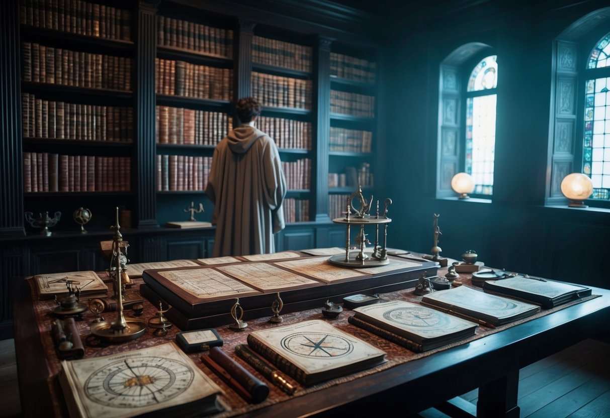 A dimly lit chamber with a large wooden table covered in ancient tomes, astrological charts, and alchemical instruments. A figure in a flowing robe stands before a towering bookshelf filled with esoteric texts