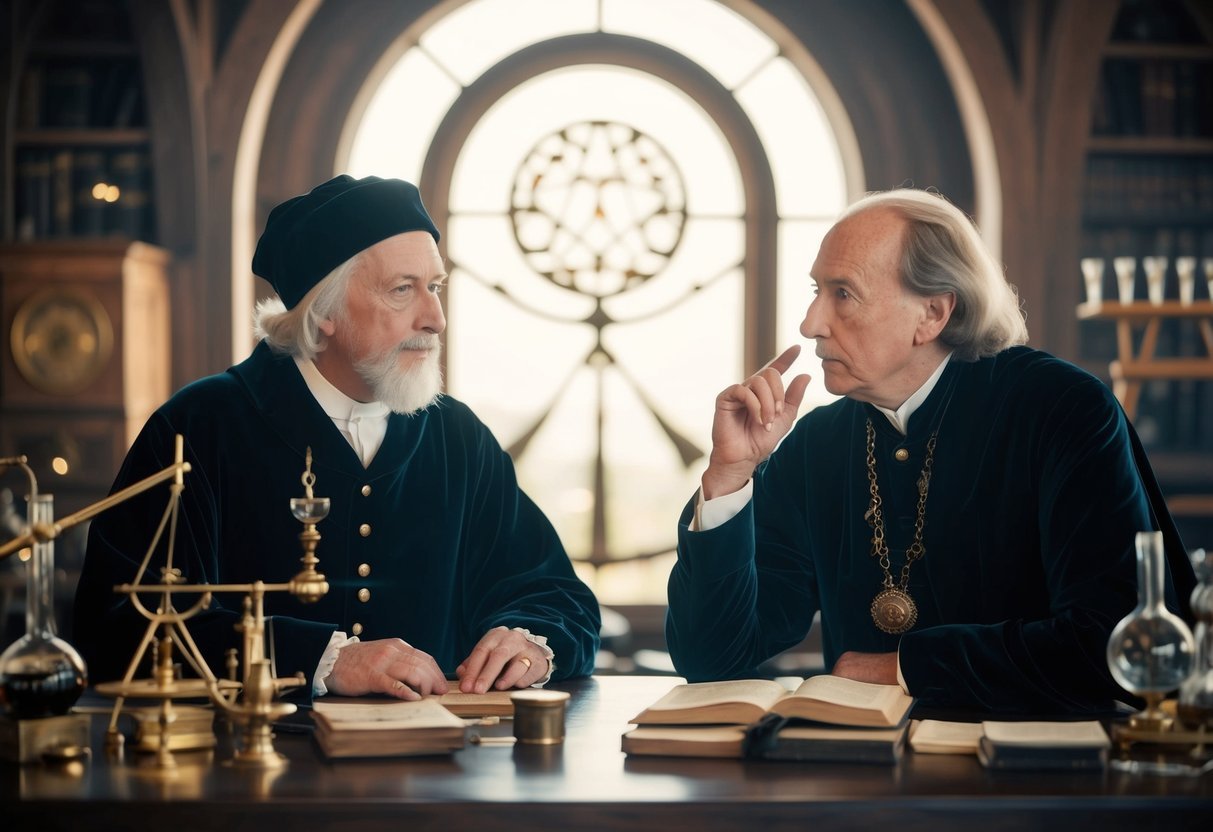 John Dee and Edward Kelley sitting at a table, surrounded by alchemical equipment and mystical symbols, deep in conversation