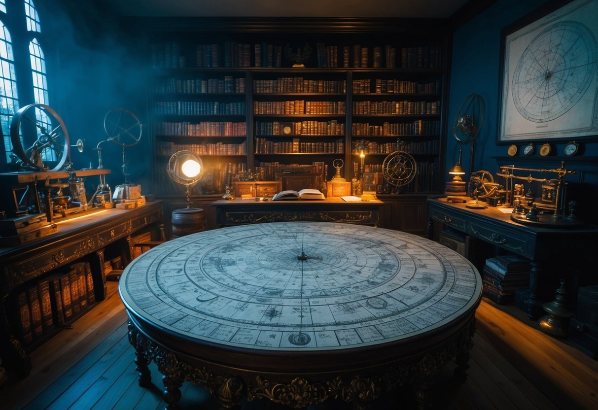 A dimly lit study filled with ancient tomes, alchemical equipment, and celestial maps, all surrounding a large ornate table covered in intricate diagrams and symbols