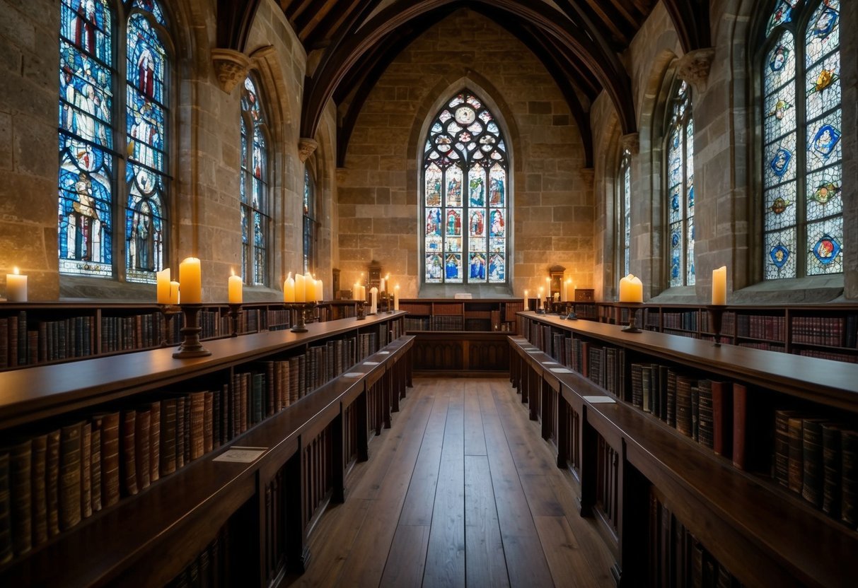 A medieval monastery library with ancient tomes, stained glass windows, and flickering candlelight