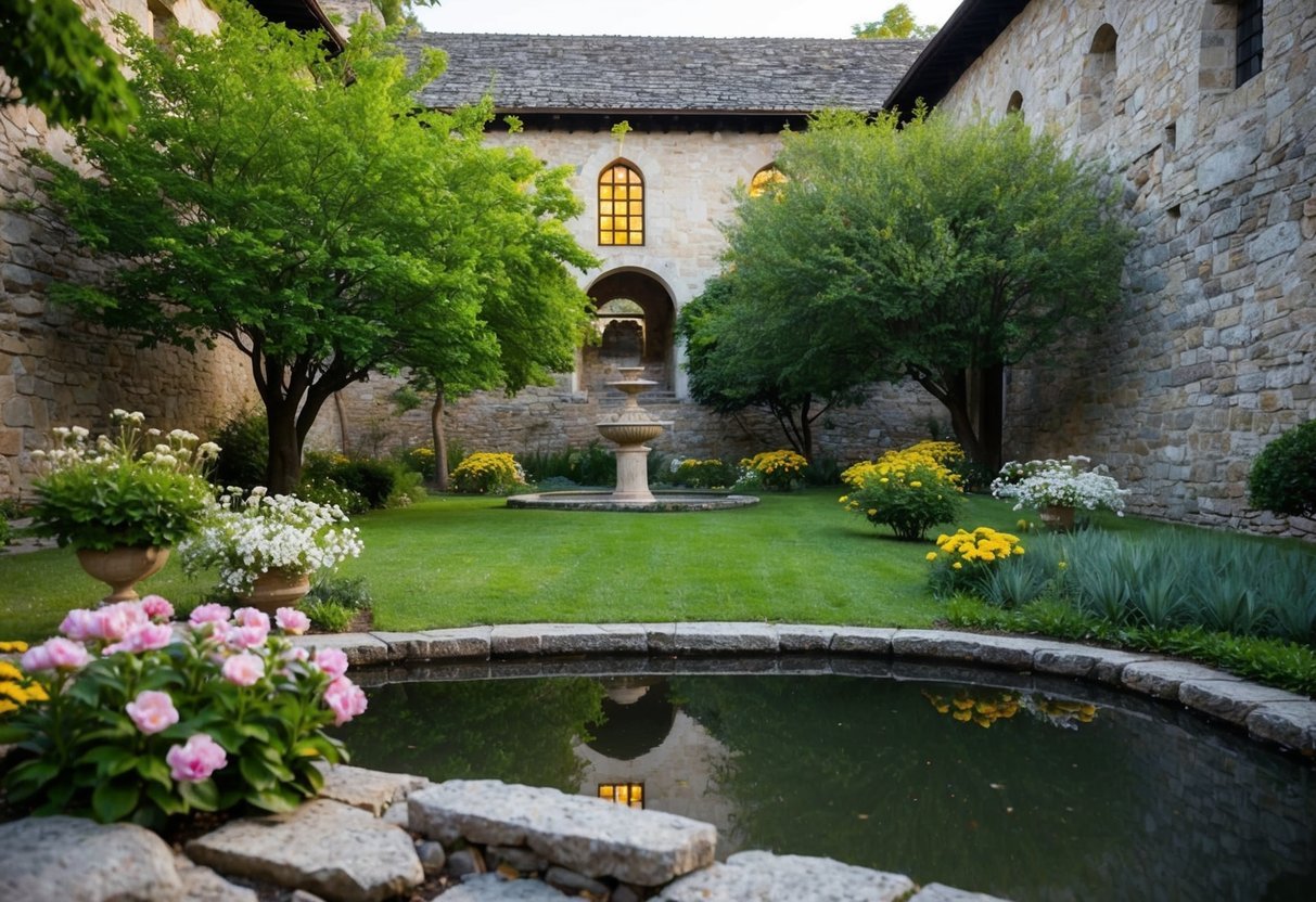 A serene monastery garden with blooming flowers and a tranquil pond, surrounded by ancient stone walls and a peaceful atmosphere