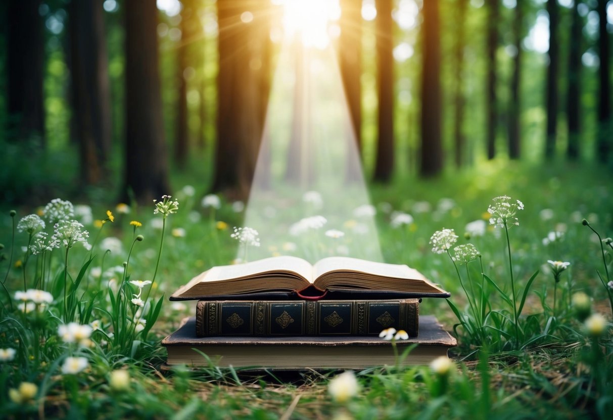 A serene forest clearing with a beam of light shining down on an ancient book surrounded by delicate wildflowers