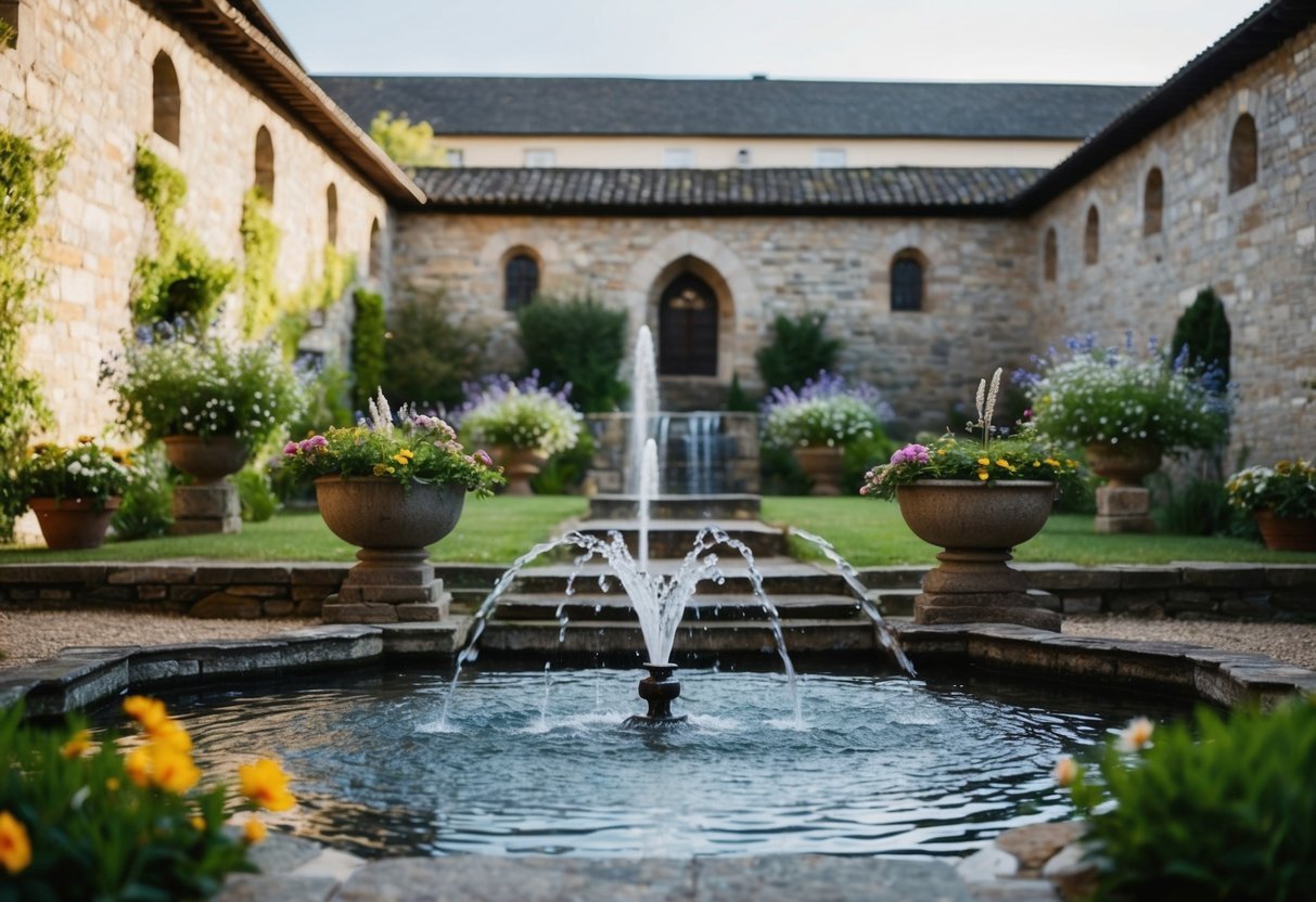 A serene monastery garden with a flowing fountain and blooming flowers, surrounded by ancient stone walls and a peaceful atmosphere