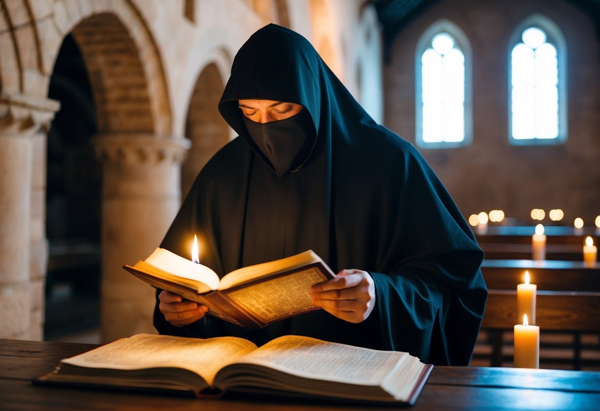 A medieval monastery with a cloaked figure reading ancient manuscripts by candlelight