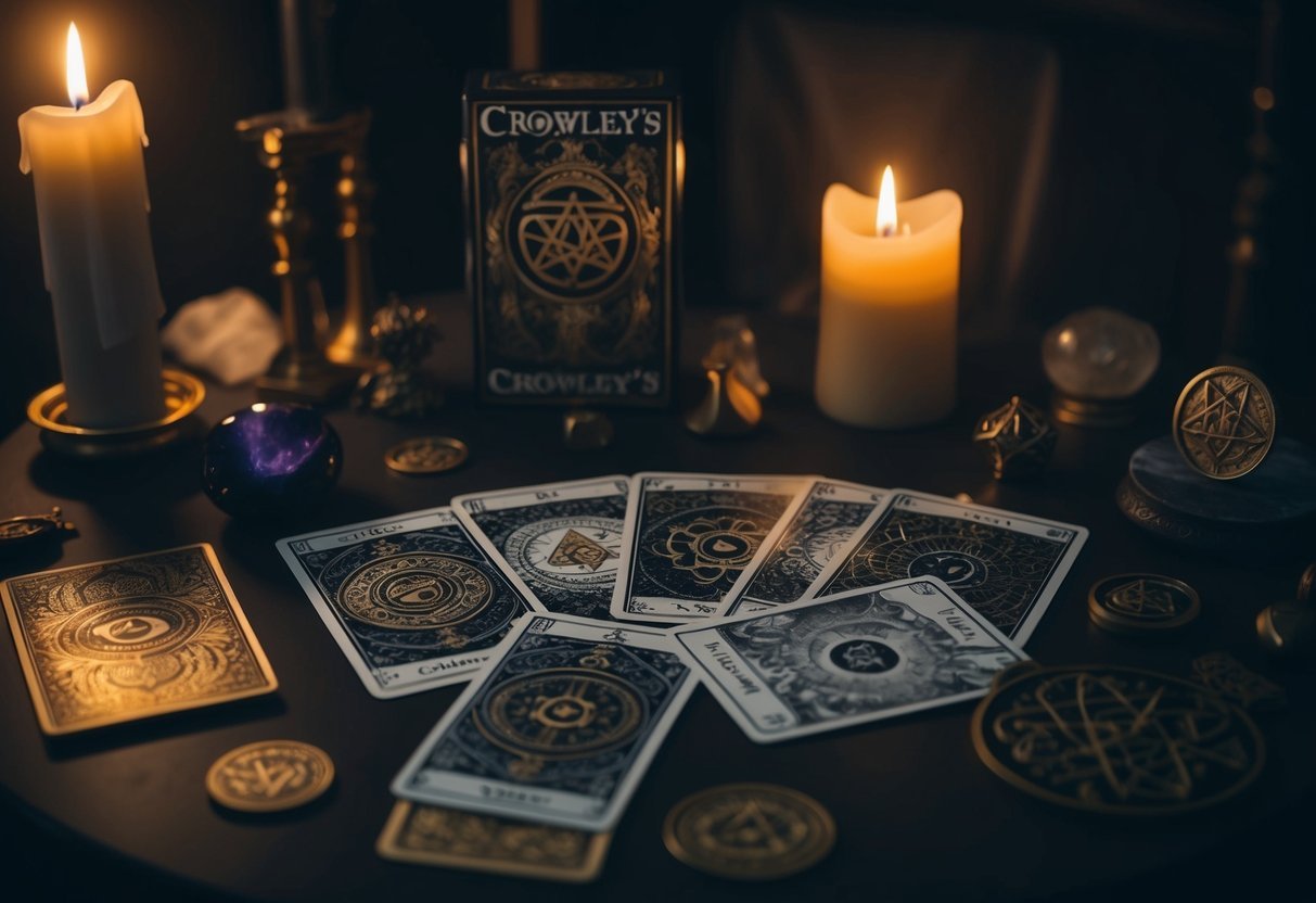 A table with Crowley's tarot cards spread out, surrounded by mystical symbols and objects, with a dimly lit candle casting eerie shadows