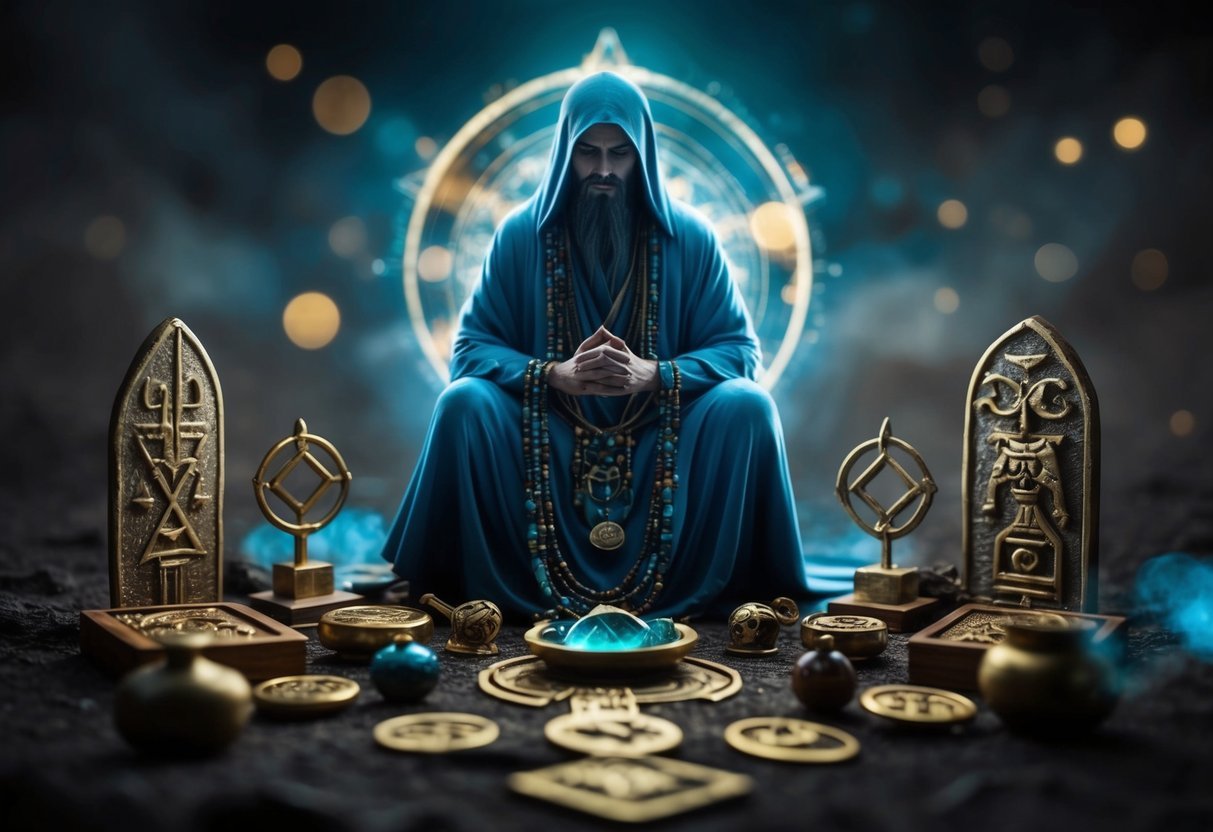 A mysterious figure surrounded by ancient symbols and mystical objects, with a sense of enigma and wisdom emanating from the scene