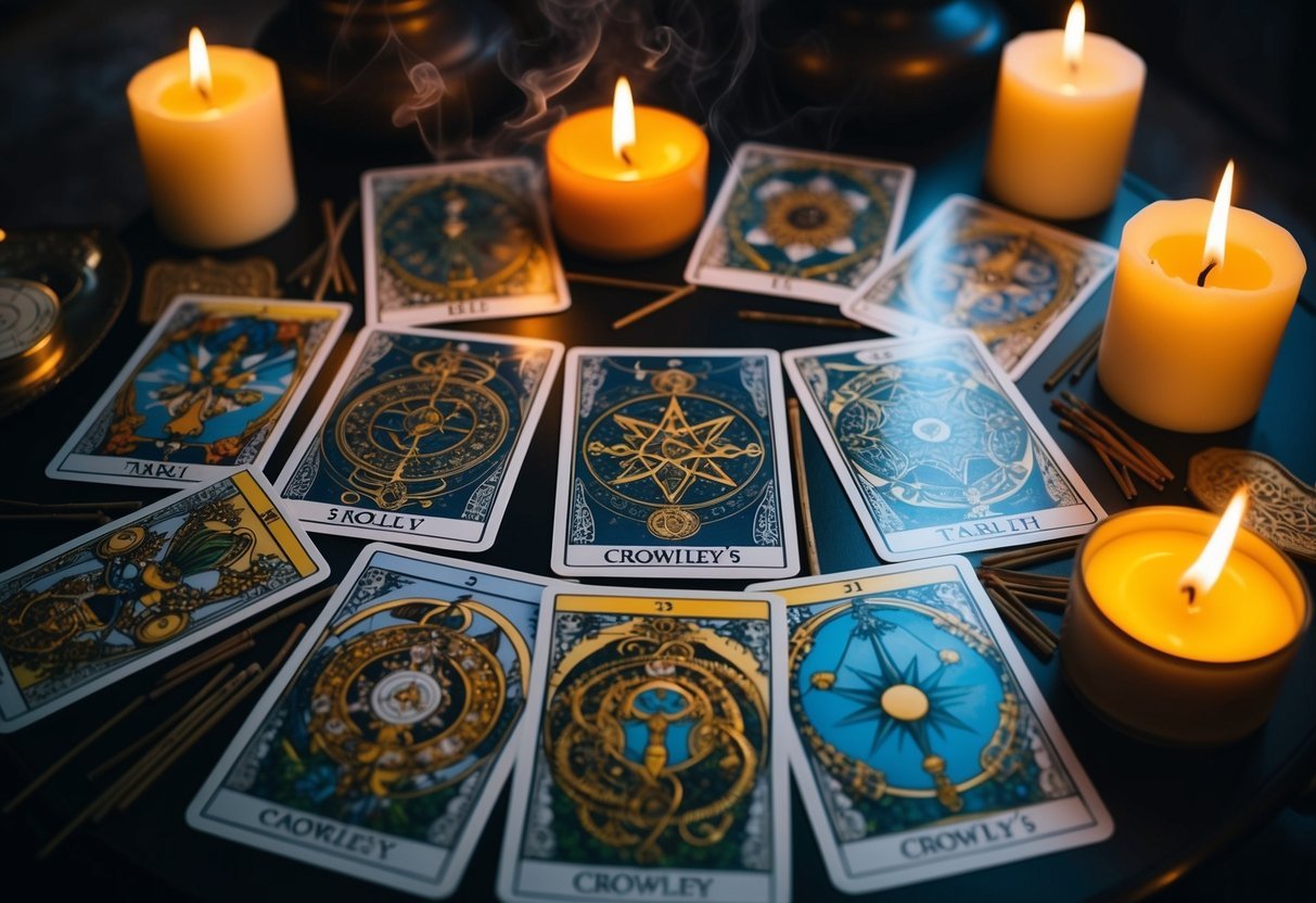 A table with Crowley's Tarot cards spread out, each card depicting intricate and symbolic imagery, surrounded by candles and incense