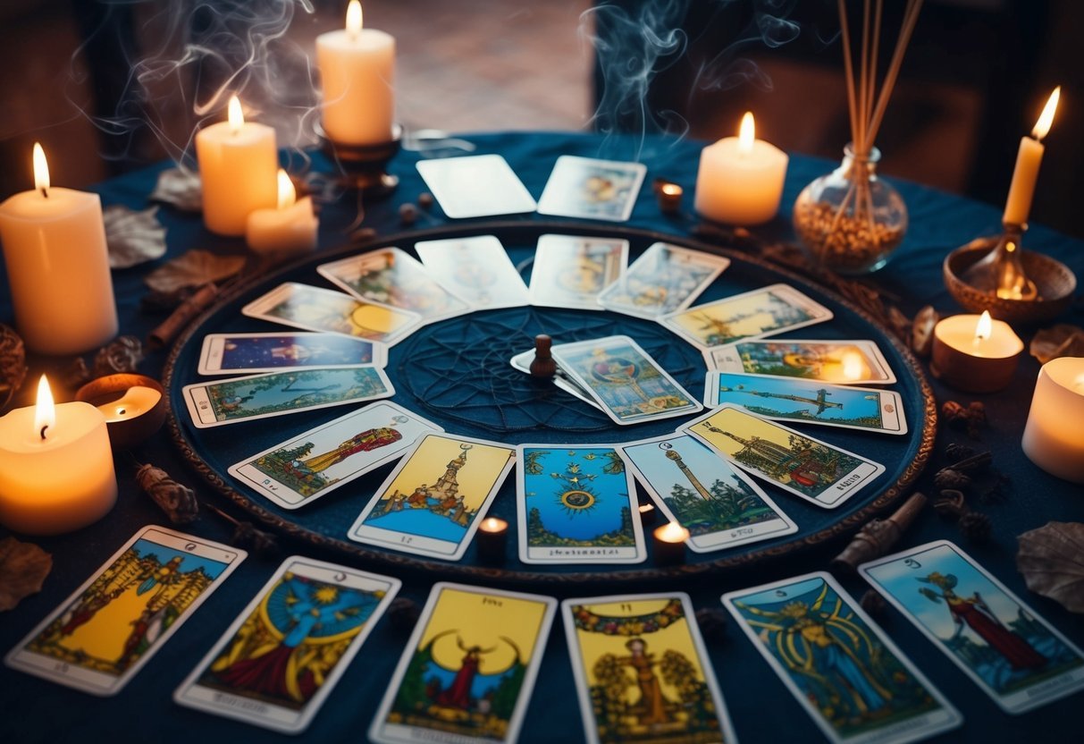 A mystical table with various tarot cards spread out, surrounded by candles and incense, evoking an atmosphere of mystery and ancient wisdom