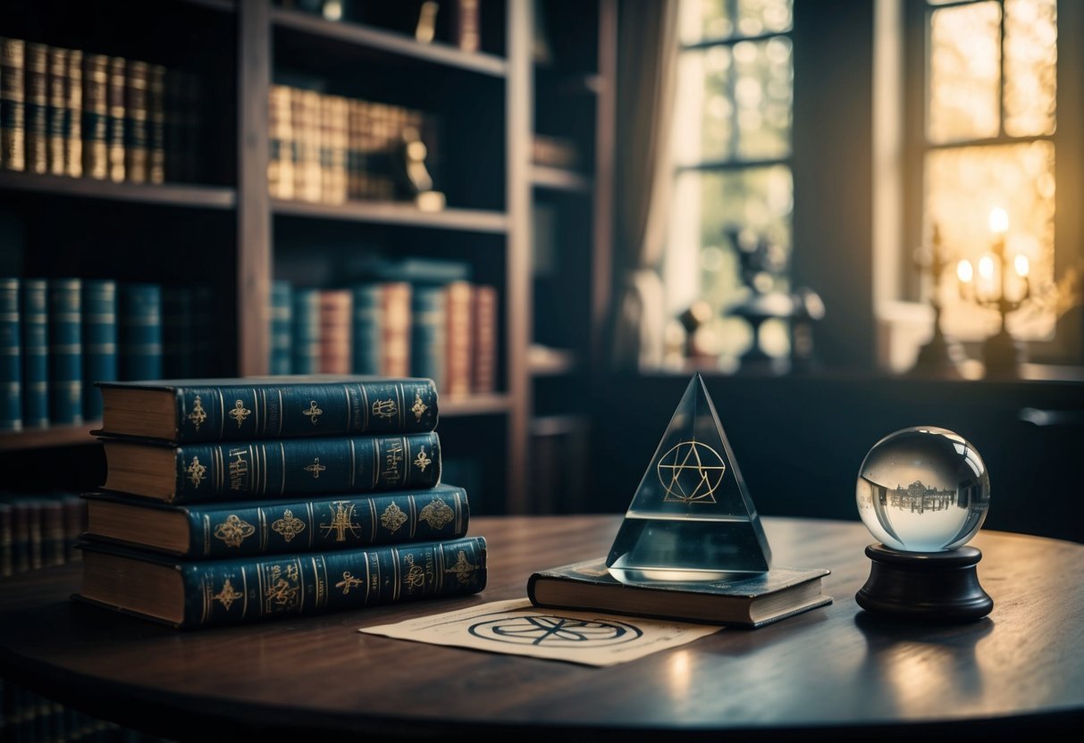 A dimly lit study with occult books, alchemical symbols, and a crystal ball on a wooden table