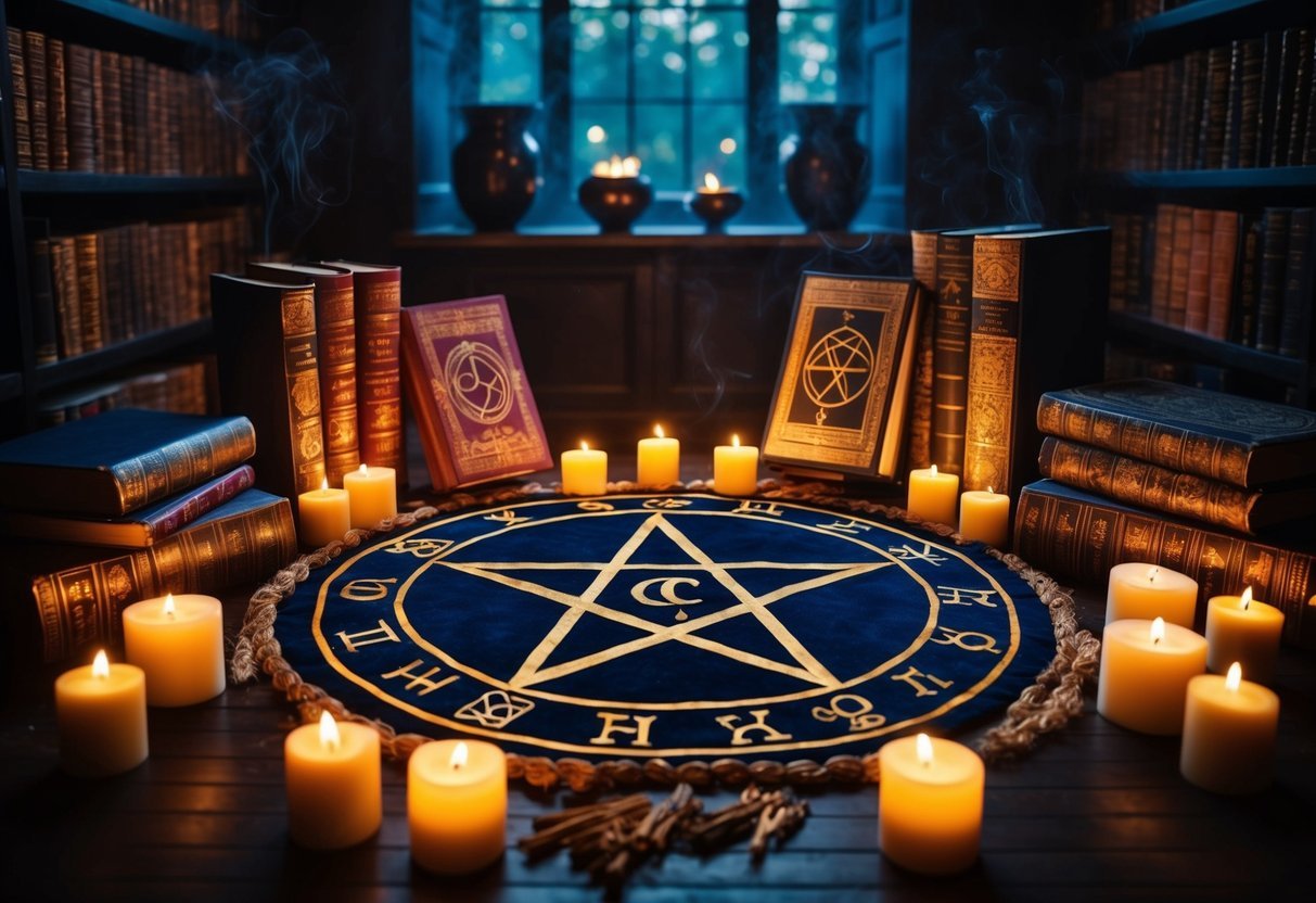 A dimly lit study with ancient tomes, alchemical symbols, and a pentagram drawn on the floor, surrounded by candles and incense