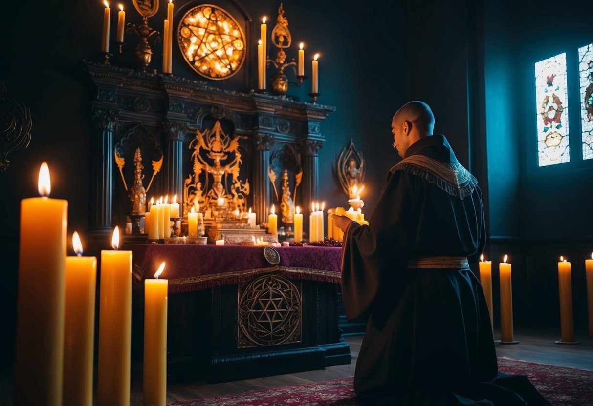 A dimly lit room with an ornate altar adorned with mystical symbols. Candles flicker as a figure in ceremonial robes performs a ritual